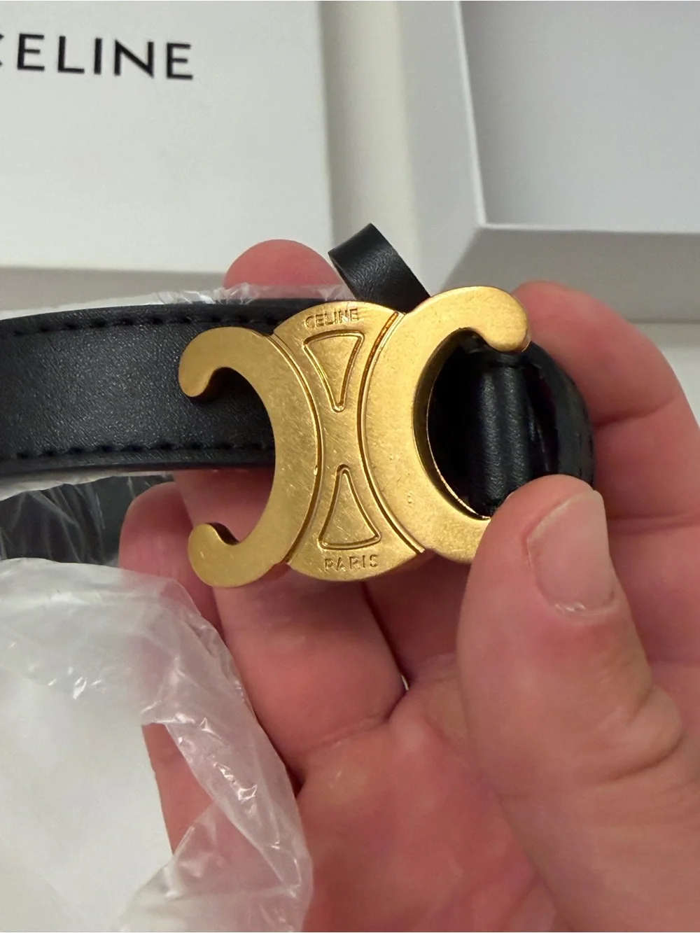 Celine Black Leather Belt with Gold Triomphe Buckle